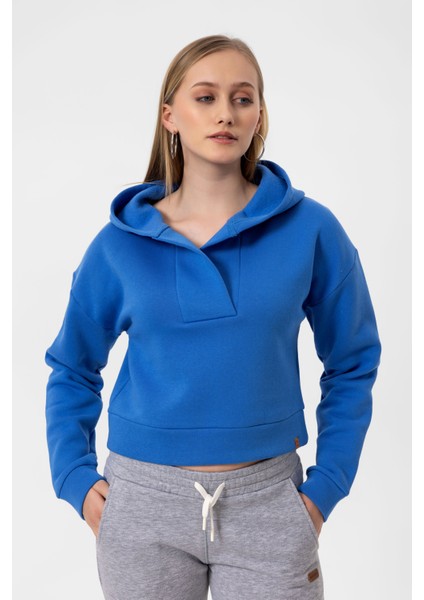 V Yaka Kapüşonlu Uzun Kollu Crop Fit Kadın Sweatshirt Hoodie