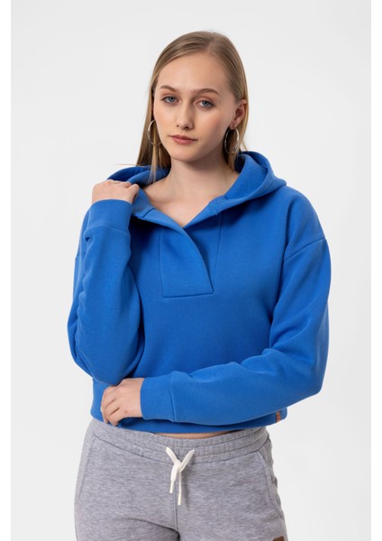 V Yaka Kapüşonlu Uzun Kollu Crop Fit Kadın Sweatshirt Hoodie