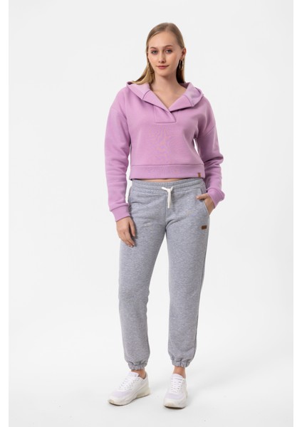 V Yaka Kapüşonlu Uzun Kollu Crop Fit Kadın Sweatshirt Hoodie indirimleri