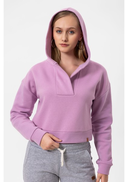 V Yaka Kapüşonlu Uzun Kollu Crop Fit Kadın Sweatshirt Hoodie