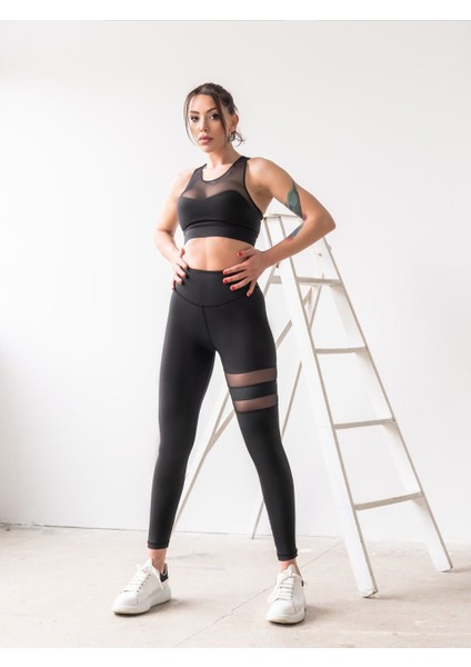 Siyah Üst Bacağı Çift Tül Şeritli Spor Tayt