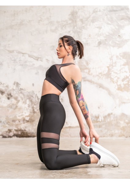 Siyah Üst Bacağı Çift Tül Şeritli Spor Tayt modelleri