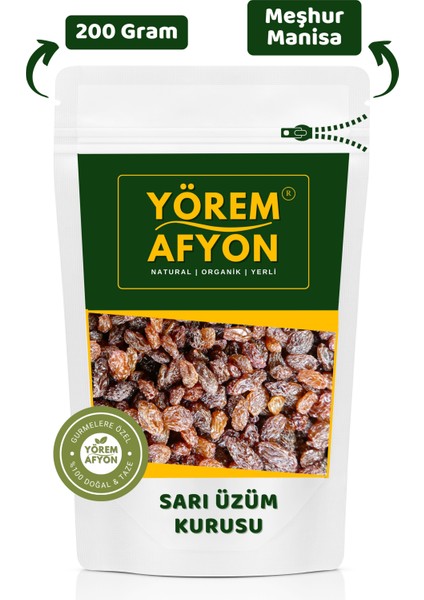 Yörem Afyon Meşhur Manisa Duble Boy Yerli Mahsul Canlı Renk Çekirdeksiz Sarı Üzüm Kurusu | 200GR.