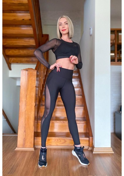 Siyah Yanları S Şeklinde Tül Detaylı Spor Tayt fırsatları