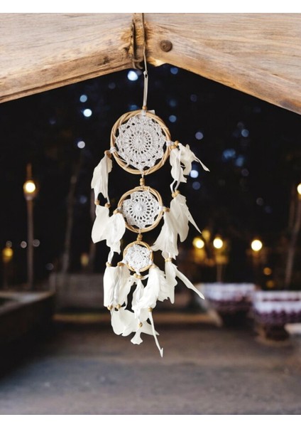 El Yapımı Beyaz Örgü Dantel ve Kuş Tüyü Süslemeli Düş Kapanı Dreamcatcher 10 x 50 cm