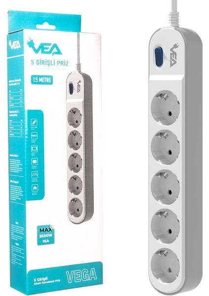 VE-VEGA105 A CLASS 5Lİ ANAHTARLI 1.5 METRE AKIM KORUMALI GRUP PRİZ (MADE IN MALAYSIA)