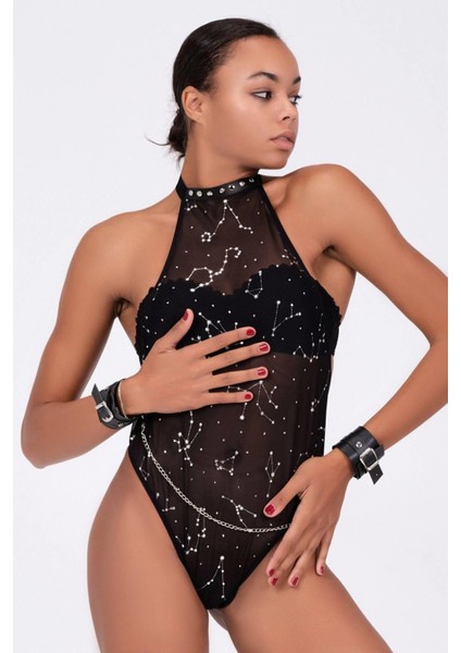MDYK02 Baskılı Tül ve Deri Bileklik Şık Babydoll 51190 (Mulvix)