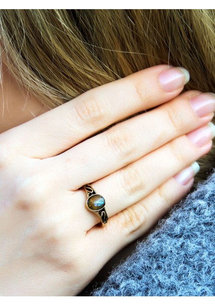 Doğal Taş Labradorit Doğal Taşlı Ayarlanabilir Antik Kadın Yüzük EUY54LBT