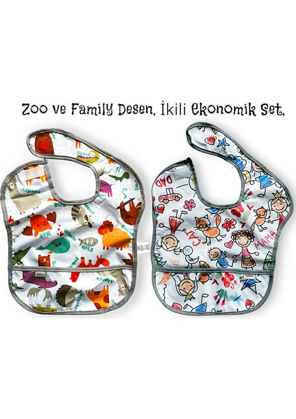 , 2 Adet, Ekonomik Set, 6-24AY, Zoo ve Family Desen, Sıvı Geçirmeyen, Cepli, Cırtlı Mama Önlüğü, Önlük modelleri