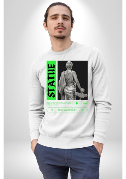 Sokak Sitili Heykel Kadın Savaşcı Erkek Kadın Unisex Dijital Baskılı Beyaz Sweatshirt