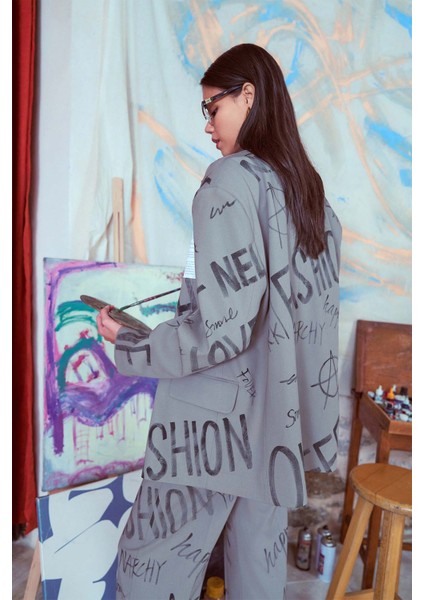 Yazı Baskılı Düğmeli Blazer Ceket Açık Haki