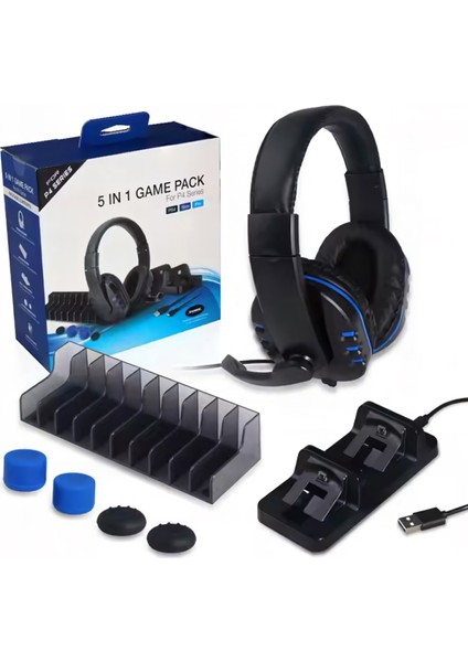 PS4 5in1 Aksesuar Seti PS4 Uyumlu Kulaklık Şarj Standı Analog Koruyucu