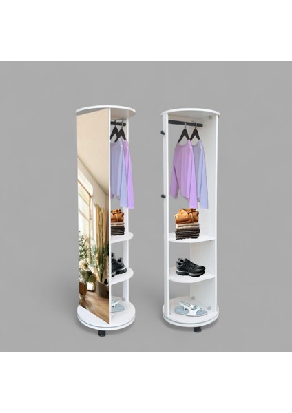 Silpius | Beyaz Boy Aynalı 360 Derece Döner Portatif Çok Amaçlı Portmanto Askılık Vestiyer Organizer