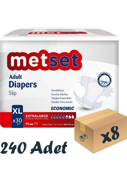 Ekonomik Bel Bantlı Yetişkin Hasta Bezi 5,5 Damla Xlarge En Büyük Boy Xl Beden 30'lu 8 Paket 240 Adet