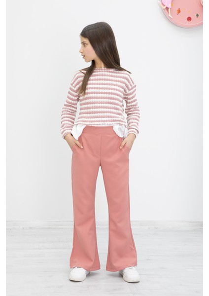 Pembe Çizgili Bluzlu Ispanyol Paça Pantolonlu Kız Çocuk 2li Takım 19987 modelleri