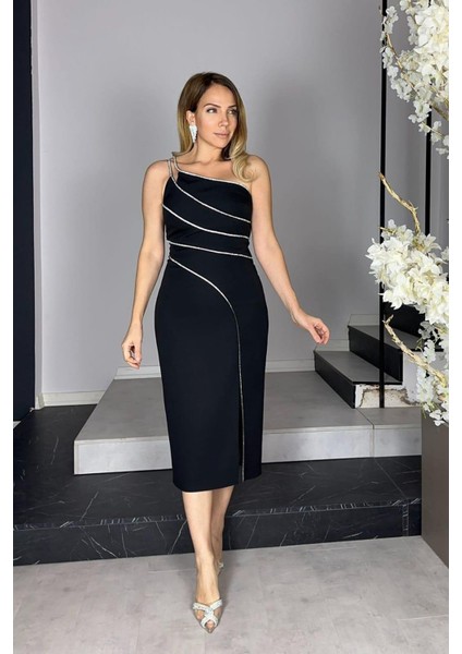 G1259 Taş Detaylı Tek Omuz Abiye Elbise Siyah