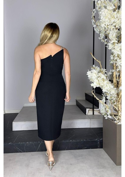 G1259 Taş Detaylı Tek Omuz Abiye Elbise Siyah fiyatları