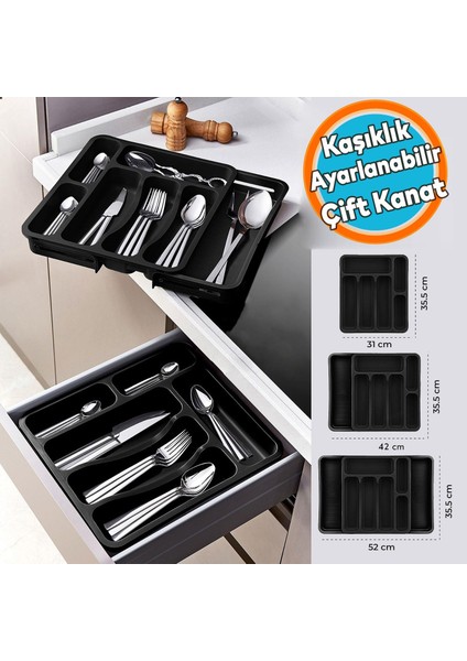 Kayar Kaşıklık Çekmece Içi Bıçak Kaşık Çatal Düzenleyici Çift Kanat Siyah Açılabilir Ayarlanabilir