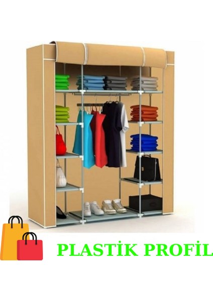 Beyazpazar Bez Dolap Fermuarlı Yeni Plastik Profil Portatif Gardırop Bej