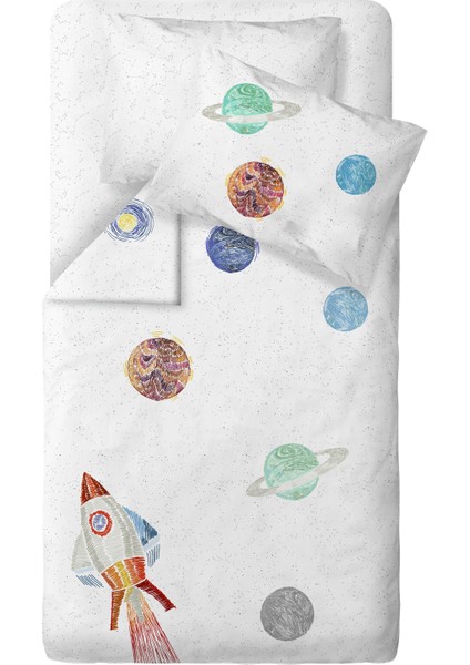 Space Planet White %100 Pamuk Saten Bebek Nevresim Takımı