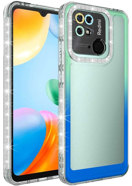 Xiaomi Redmi 10C Kılıf Simli ve Renk Geçiş Tasarımlı Lens Korumalı Park Kapak-Yeşil-Mavi