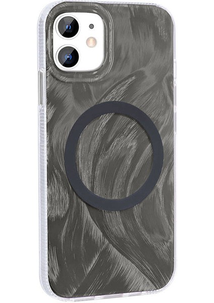 Apple iPhone 11 Kılıf Magsafe Şarj Özellikli Fırça Boya Desenli Palet Kapak-Gri