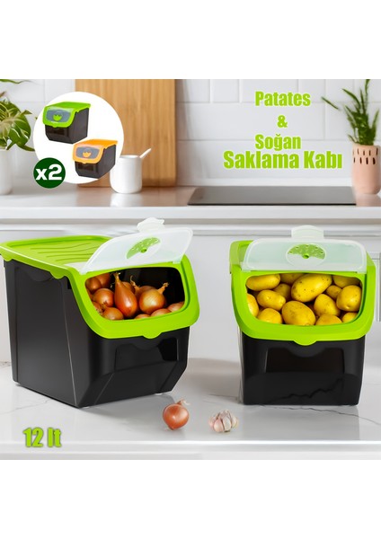 1506 Yeşil 2'li Çok Amaçlı Plastik Patates Soğan Sarımsak Saklama Kutusu 12 l