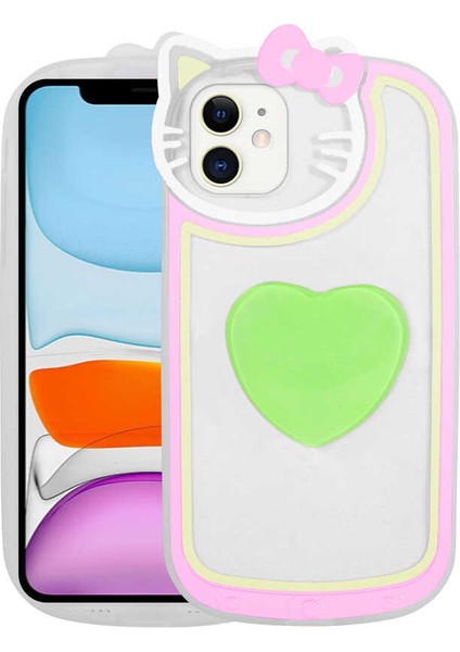 Apple iPhone 11 Uyumlu Kedi Figürlü Transparan Pop Soketli Ritmik Kapak-Yeşil