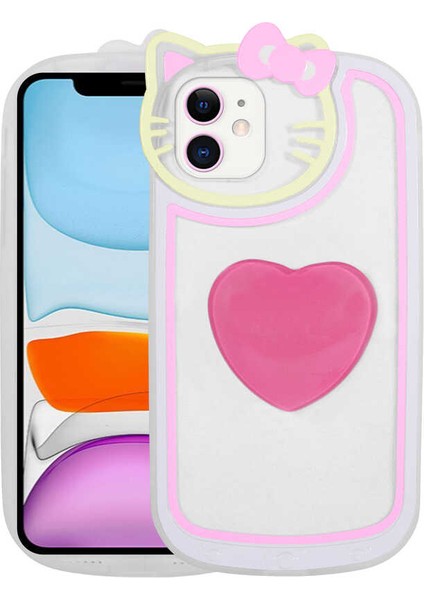 Apple iPhone 11 Uyumlu Kedi Figürlü Transparan Pop Soketli Ritmik Kapak-Yeşil