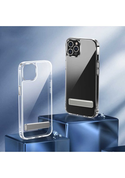 Apple iPhone 14 Pro Max Kılıf Standlı Şeffaf Silikon L-Stand Kapak-Renksiz