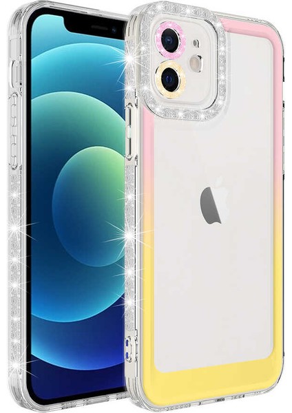 Apple iPhone 11 Kılıf Simli ve Renk Geçiş Tasarımlı Lens Korumalı Park Kapak-Pembe-Sarı