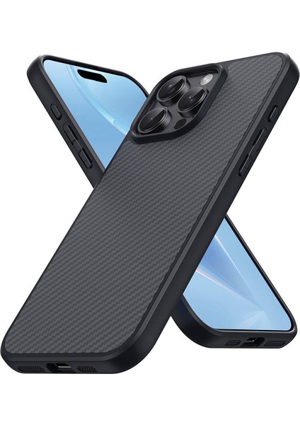 Apple iPhone 16 Pro Max Kılıf Magsafe Şarj Özellikli Karbon Fiber Tasarımlı Elnino Kapak-Siyah-Siyah