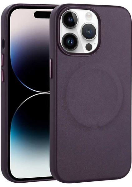 Apple iPhone 14 Pro Max Kılıf Pu Deri Magsafe Wireless Şarj Özellikli Derix Kapak-Derin Mor