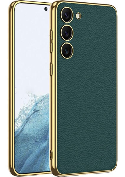 Galaxy S23 Kılıf Deri Görünümlü Kenarları Elektroplating Kaplama Fizyon Kapak-Koyu Yeşil