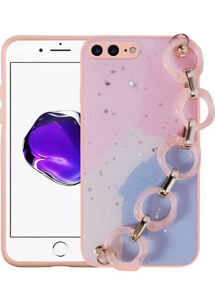 Apple iPhone 7 Plus Uyumlu Simli Desenli El Askılı Tutacaklı Elsa Silikon Kapak-Pembe