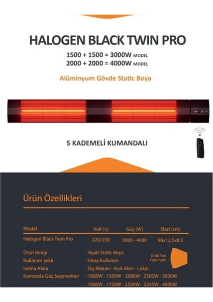 Halogen Black Twin Pro 1500 1500=3000 Watt Kumandalı Dış Mekan Isıtıcı.cafe Teras Balkon Açık ve Yarı Açık Alanlar Içinn fiyatları