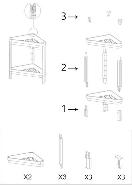 Vesken 2 Katlı Modüler Üçgen Raf Ünitesi 33 x 44 x 41 cm Mutfak Rafı, Banyo Rafı