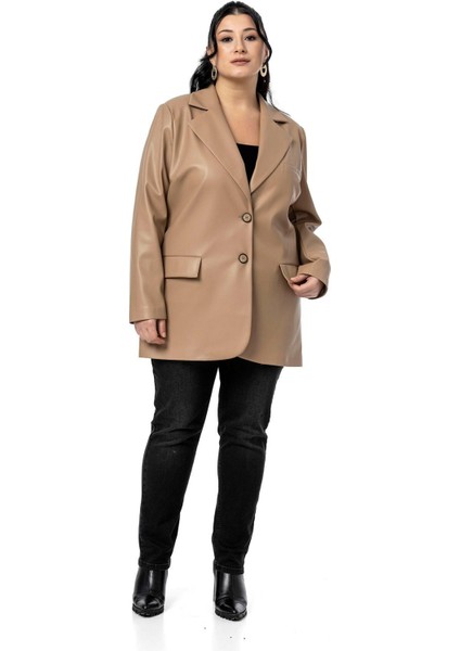 Büyük Beden Kapaklı Cepli Düğmeli Astarlı Siyah Suni Deri Ceket