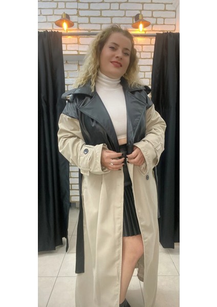 Oversize Kalıp Deri Detaylı Trençkot