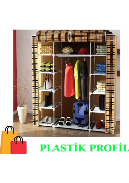 Beyazpazar Bez Dolap Fermuarlı Yeni Plastik Profil Portatif Gardırop Ekose