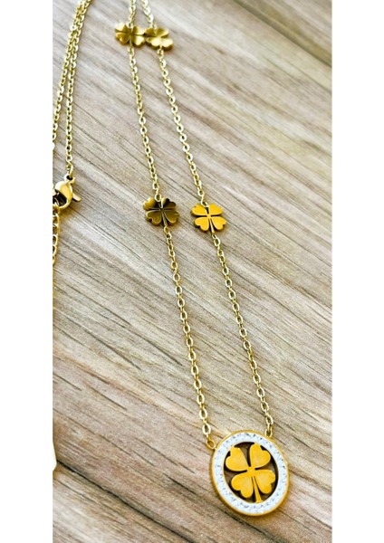 Zirkon Taşlı Beş Yoncalı Kolye - Altın