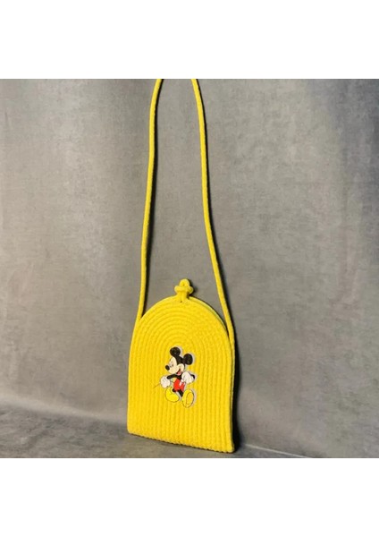El Örgüsü Mickey Mouse Baskılı Sarı Kız Çocuk Çapraz Çanta