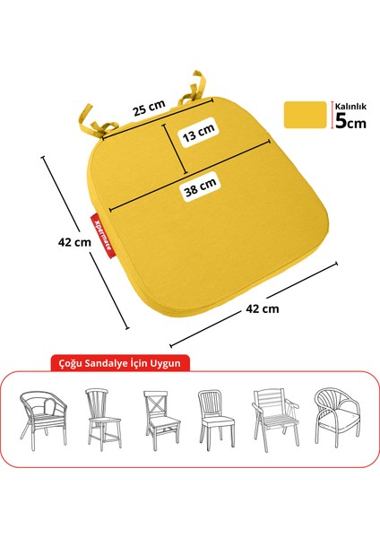 2'li Standartfit Oval Sandalye Minderi Fermuarlı Yıkanabilir Kılıf Bağcıklı Su ve Yağ Itici 42 x 42 x 5 Sarı