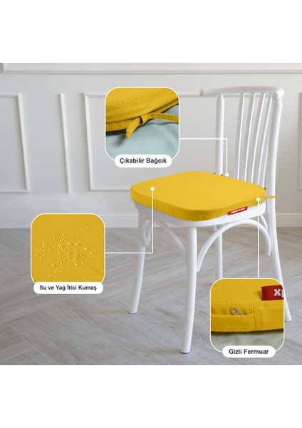 2'li Standartfit Oval Sandalye Minderi Fermuarlı Yıkanabilir Kılıf Bağcıklı Su ve Yağ Itici 42 x 42 x 5 Sarı
