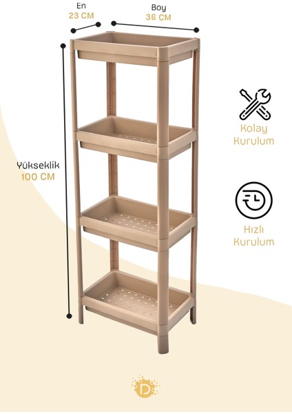 Vesken 4 Katlı Modüler Dikdörtgen Raf Ünitesi 23 x 36 x 100 Ölçülere Sahip Mutfak Rafı, Banyo Rafı