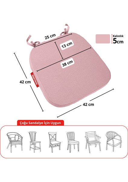 2'li Standartfit Oval Sandalye Minderi Fermuarlı Yıkanabilir Kılıf Bağcıklı Su ve Yağ Itici 42 x 42 x 5 Pembe