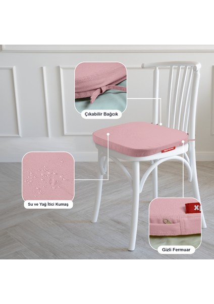 2'li Standartfit Oval Sandalye Minderi Fermuarlı Yıkanabilir Kılıf Bağcıklı Su ve Yağ Itici 42 x 42 x 5 Pembe