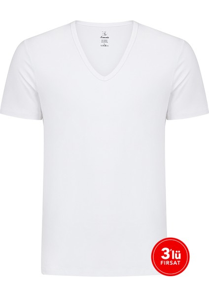 Erkek Modal Derin V Yaka Tshirt 3'lü Paket - Beyaz