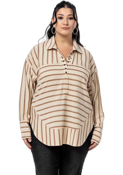 Büyük Beden Kuşgözü Detaylı V Yaka Geniş Kesim Siyah Çizgili Bluz