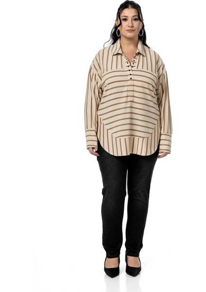 Büyük Beden Kuşgözü Detaylı V Yaka Geniş Kesim Siyah Çizgili Bluz fiyatları